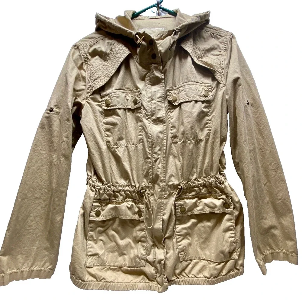 Michael Kors Utility Jacket Women's XS Tan Lightweight Hooded Adjustable Waist